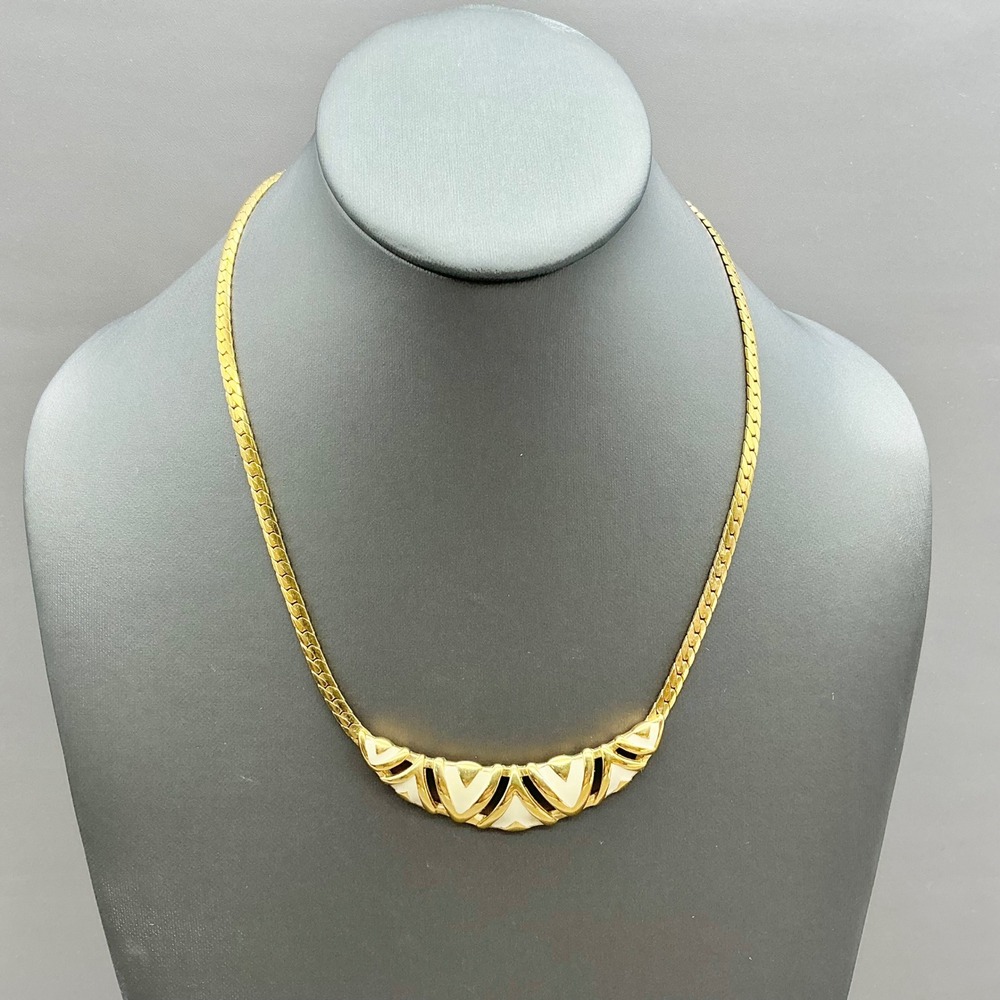 Avon Necklace Women Gold Cream Enamel Geometric Herringbone Chain Vintage 18 In
